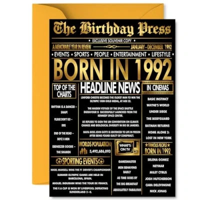 Image of Gold 33rd Birthday Card for Men Women Black &amp; Golden Newspaper Born in 1992 Happy 33 Cards Uncle Neighbour Brother Daughter Wife Nephew, A5 Bday Greeting