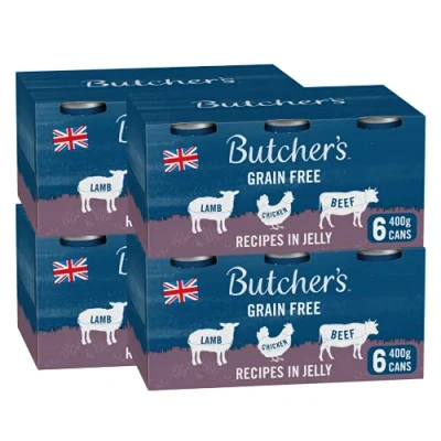 Image of BUTCHER&#039;S Wet Dog Food Tin Cans Grain Free Recipes in Jelly 9.6kg (24 x 400g)