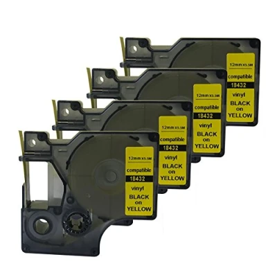 Image of Compatible 18432 S0718450 for DYMO Rhino IND Black on Yellow Vinyl Label Tape 12mm 1/2&quot; (4PK)