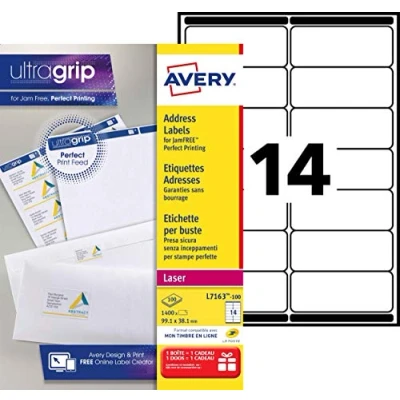 Image of Avery Printable, Customisable Address Mailing Labels, Laser Printers, 14 Labels per A4 Sheet, 1400 UltraGrip (L7163 100), White, 100 Sheets