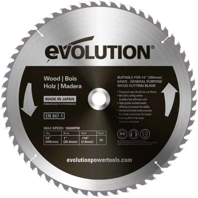 Image of Evolution Power Tools GW355TCT 60 General Wood Carbide Tipped TCT Blade, For Chop Saws, Smooth and Fast Cuts In Wood, Clean, Splinter Free Cut, Teeth, 355 mm