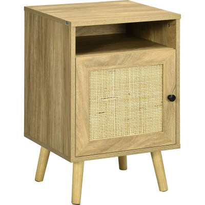 Image of HOMCOM Bedside Table Nightstand with Storage Shelf and Door Cupboard, Side End Rattan Element Tapered Leg for Living Room, Bedroom, Natural