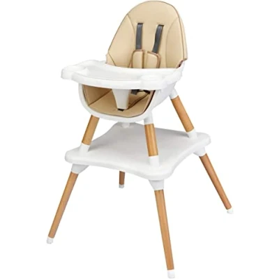 Image of Maxmass 4 in 1 Baby High Chair, Toddler Booster Seats with Removable Tray, PU Cushion and Safety Strap, Convertible Infant Dining Chair Table Set (Khaki)