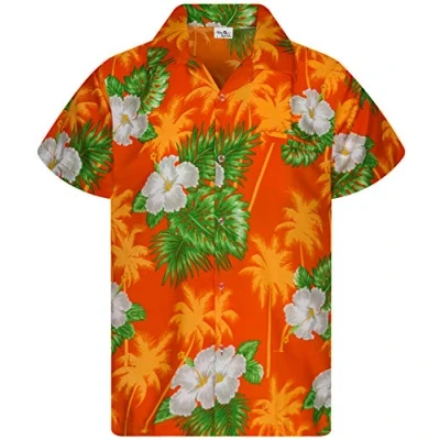 Image of King Kameha Mens JK Flowers Casual Aloha Hawaiian Shirt Parrots, Small Flower, Orange, 6XL