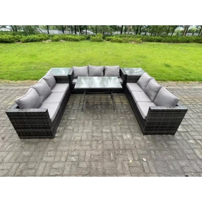 Image of 9 Seater Rattan Outdoor Furniture Sofa Garden Dining Set with Patio Table 2 Side Tables Dark Grey Mixed Fimous