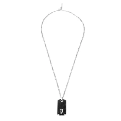 Image of Police Mens Stainless Steel Hang Black Inlay Tag Pendant Adjustable Necklace