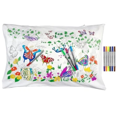 Image of eatsleepdoodle Colouring Pillowcase For Kids w/ 10pk Washable Markers 75x50cm Butterfly Ultra &amp; Reusable Arts and Crafts
