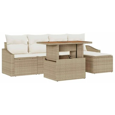 Image of vidaXL 6 Piece Garden Dining Set with Cushions Beige Poly Rattan Acacia