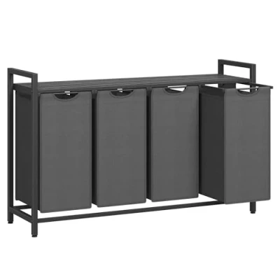 Image of VASAGLE Laundry Basket, 4 Compartment Hamper, Pull Out and Removable Bags, Sorter, Shelf, Metal Frame, x 40L, 116 33 72 cm, Black Grey BLH401G01