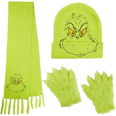 Image of The Grinch Winter Accessories Set for Women Men Teens, 3 Pcs Hat Scarf Gloves