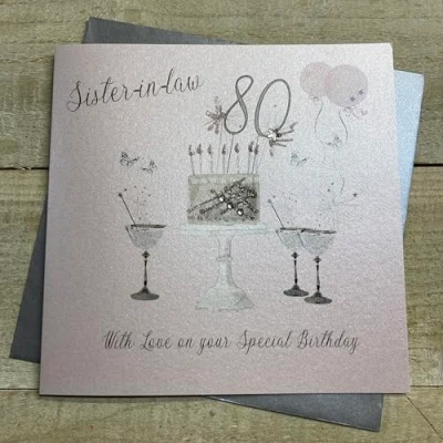 Image of Happy 80th Birthday Card Sister in Law Champagne Glasses Pink Roses by White Cotton Cards SS42 SIL80,16cm x 16cm