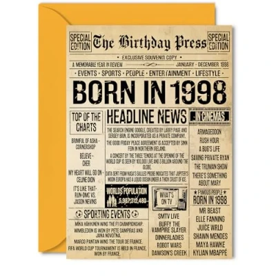 Image of 27th Birthday Card for Men Women Bday Press Newspaper 1998 Happy 27 Cards Niece Uncle Cousin Son Neighbour Colleague, 5x7 Inch Greeting