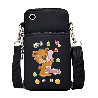 Image of FINDING CASE initial letter Printed Women Girls men Zipper Waterproof Nylon 3 Layers Crossbody Bags Wallet Cellphone Purse Shoulder Bag Wristlet Handbags Adjustable Strap (Bear L)