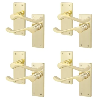 Image of EAI Polished Brass Victorian Scroll Door Handles 4 Pairs of Internal Lever Latch on Backplate