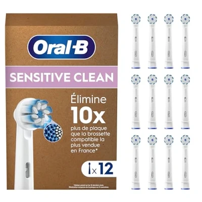Image of Oral B Sensitive Clean Electric Toothbrush Head with &amp; Care Technology, Extra Soft Bristles for Gentle Plaque Removal, 1 Count (Pack of 12) Heads, Suitable Mailbox, White