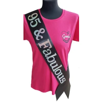 Image of 95th Birthday Sash 95 &amp; Fabulous Beautiful Quality Black Ribbon and Holographic Silver Font
