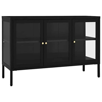 Image of vidaXL Sideboard in Sleek Black Finish Steel and Glass Construction with Adjustable Shelf for Living Room, Bedroom or Office