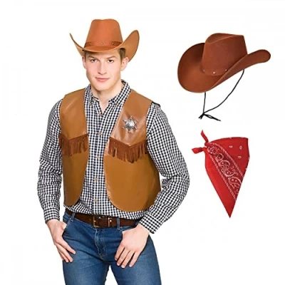 Image of Adult Unisex Brown Cowboy Waistcoat + Texan Hat &amp; Red Bandana : Sheriff Cowgirl Wild West Rodeo Stag Hen Fancy Dress Costume …