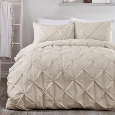 Image of Serene Natural Diamond Pintuck Duvet Cover Single Bedding Size (140 x 200cm) Soft Touch Microfibre Luxury Pinch Pleat in Puckered