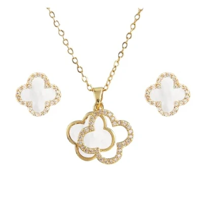 Image of XIWCAFC Four Leaf Clover Jewelry Set for Women 18K Gold Plated Stainless Steel White Black Pendant Necklace Stud Earrings Jewellery with Cubic Zirconia (White 1)