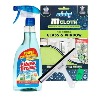 Image of Glass Cleaning Cloth Bundle with Ferwizz Squeegee and Minky &amp; Elbow Grease Cleaner 500ml