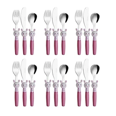 Image of EXZACT Children&#039;s Cutlery Stainless Steel 18pcs Set/Kids Cutlery/Toddler Utensils/Flatware 6 x Forks, Safe Dinner Knives, Spoons (Rabbit 18)