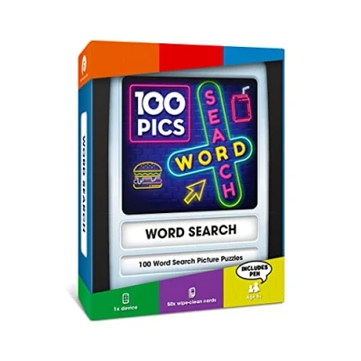 Image of 100 PICS Word Search Travel Game Puzzles with picture clues 50 wipe clean cards, slide reveal case &amp; pen Activity, Gift, Stocking Filler For kids adults, Age 6+