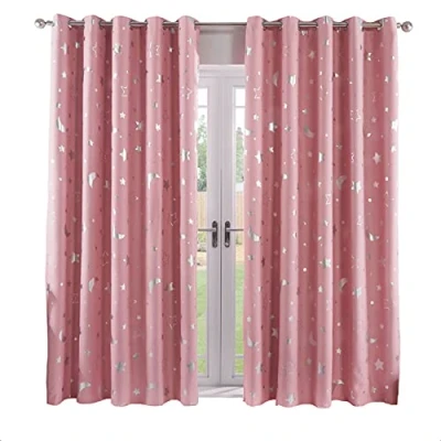 Image of Dreamscene Galaxy Star Thermal Blackout Curtains PAIR of Eyelet Ring Top Panels Kids Girls Metallic Moon Blush Pink, Width 66&quot; x Drop 90&quot;