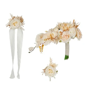Image of Multipurpose Handmade Silk Flower Wedding Bouquets Supplies Decoration With Wrist Corsages For Bride And Bridesmaids