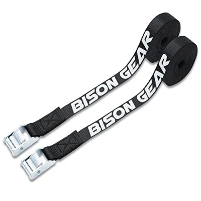 Image of Bison Gear Premium Tie Down Straps UV Resistant Cargo Car Roof Rack for Surfboard Kayak, 13ft 4m x 1in 25mm, 1100lbs 500kg Break Strength, Cam with Buckle (2 Pack, Black)