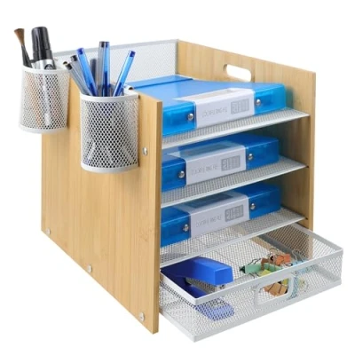 Image of TSDRBWO 4 Tier Bamboo Paper Letter Tray Organiser with Drawer, Metal Mesh Filing Trays for Office Supplies Desk Tidy Organisers A4 Mail Document File Storage Holder Handle Home School