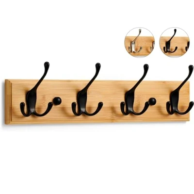 Image of LARHN Wooden Coat Hooks Wall Mounted Rack 4 Triple Black for on Bamboo 42 cm All Fixings Included Quick &amp; Easy Installation