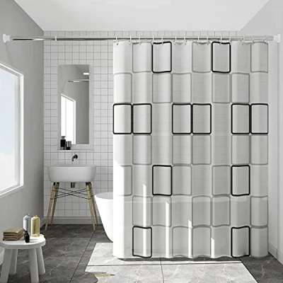 Image of WOODFIB Shower Curtain, 100% PEVA Waterproof Anti Mould Proof Resistant, Quick Drying, Washable Bathroom Includes 12 Pcs Curtain Hooks, 180 x 200 cm (Plaid)