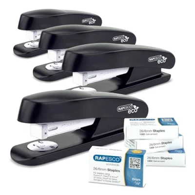 Image of Rapesco 1756 Business Pack: 4 ECO Half Strip Staplers and Boxes of 1000 26/6mm Staples, 20 Sheet Capacity, Black