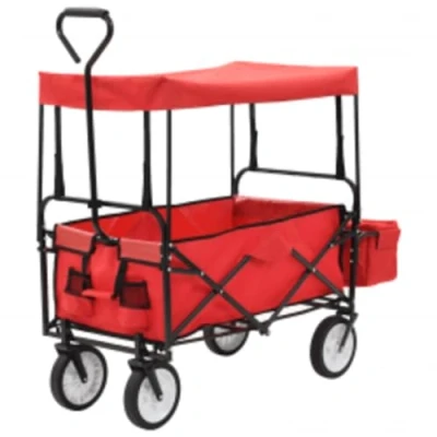 Image of vidaXL Folding Hand Trolley with Canopy Steel, Red, Garden Cart Wagon, 75 kg Load, 360 Wheels, Foldable