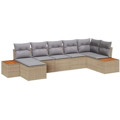 Image of vidaXL 7 Piece Garden Sofa Set with Cushions Beige Poly Rattan Acacia