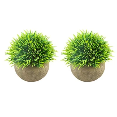 Image of BTkviseQat Svenee Mini Artificial Plants, Plastic Fake Green Grass Faux Greenery Topiary Shrubs with Grey Pots for Bathroom Home Office Décor, House Decorations (Green A, 2)