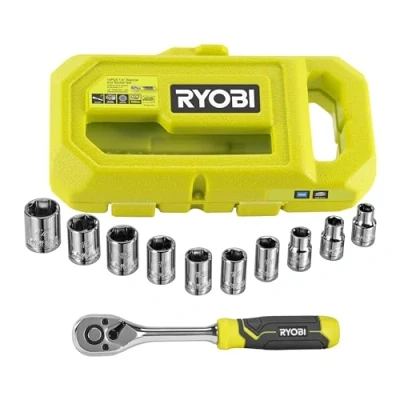 Image of RYOBI RHRS10PC 1/4&quot; Drive Ratchet and Sockets Set (10 Pieces), Grenn