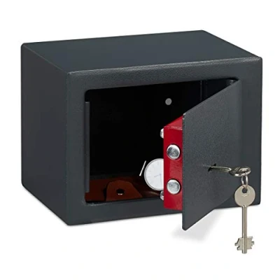 Image of Relaxdays Home Safe with Keys, Double bit Lock, Fix to Wall/Floor, Mini Vault, HWD: 17 x 23 cm, Grey, 90% steel 10% felt, Gray