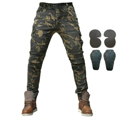 Image of Men Motorcycle Riding Protective Pants Denim Jeans with Armor 4 X Knee Hip Pads (Camouflage, S=28)