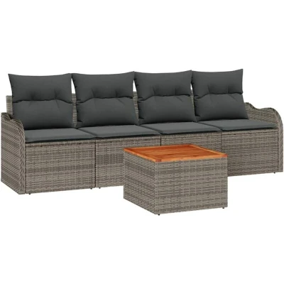 Image of vidaXL 5 Piece Garden Sofa Set with Cushions Grey Poly Rattan Acacia