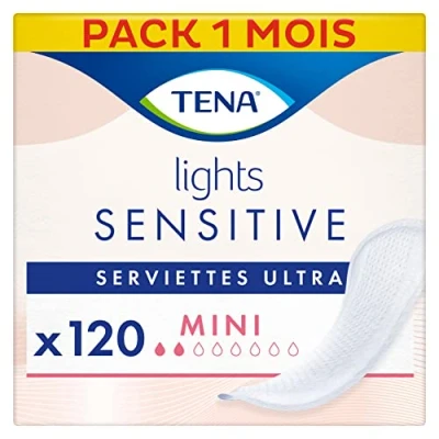 Image of TENA Lights Sensitive Ultra Mini Unscented Incontinence Pads for Light Bladder Weakness and Skin, Pack of 120, 6 x 20