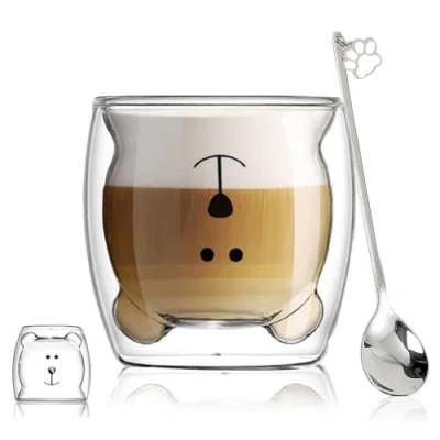 Image of Cute Mugs Glass Double Wall Insulated Glasses Espresso Cup, Coffee Tea Milk Best Gift for Office and Personal Birthday (HappyBear)
