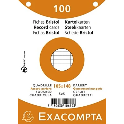 Image of Exacompta Ref 10658E Bristol Squared Record Cards (Pack of 100) A5 in Size, 205gsm Card, Compatible with Printers Suitable for Exam Revision &amp; Notes Assorted Colours