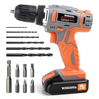 Image of Terratek Cordless Drill Driver 18V Lithium Ion, 13Pc Electric Screwdriver Set, LED Work Light, Quick Change Power Battery and Charger Included