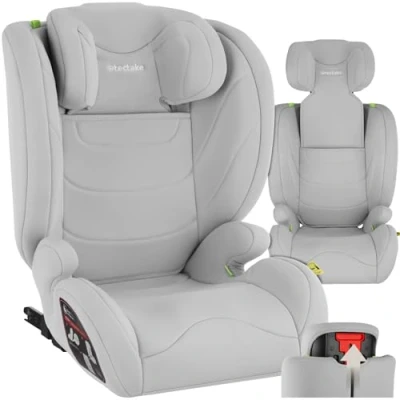 Image of tectake® Child Car Seat with i Size Approval &amp; Side Impact Protection, Booster Height Adjustable Headrest Washable Cover, Baby Toddler Seat, Suitable from 100 150cm Tall Light Grey