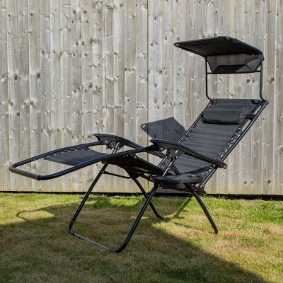 Image of Multi Position Garden Gravity Relaxer Chair Sun Lounger with Canopy in Black