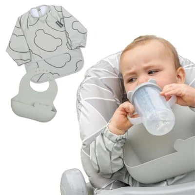 Image of TUM Double Up Baby Bibs Set, inc Long Sleeved Coverall Bib and Silicone Bib, Waterproof Easy Wipe Clean, Machine Washable (Grey)