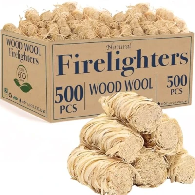 Image of 500 Natural Firelighters Large Box. Wood Wool Wax Fire Lighters for Stoves, Burners, Pizza Ovens, Open Fires, Pit, BBQ Lighters, Starters Log Burners (500 pieces)