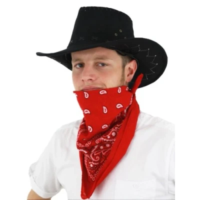 Image of COWBOY FANCY DRESS ACCESSORY SET COSTUME BLACK FAUX SUEDE HAT &amp; COLOURED PAISLEY BANDANA WILD WEST WESTERN BANDANNA (RED)